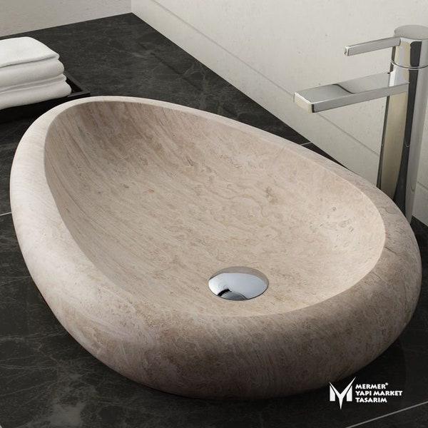 Travertine Pebble Design Washbasin - Handcrafted, 100% Natural Stone, Washbasin