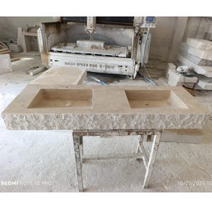 Natural Stone Double Sink Bathroom Countertop Basins, Travertine Vanity Top, Rough Textured Edges, Handmade Custom Basin, Farmhouse Sink
