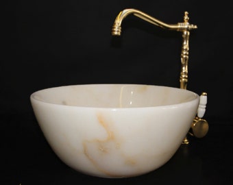 Crystal White Yellow Marble Mini Washbasin - Handcrafted, %100 Natural Stone