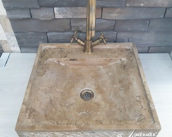 Noche Travertine Rustic Square Sink - With Faucet Outlet - Handcrafted, 100% Natural Stone, Washbasin