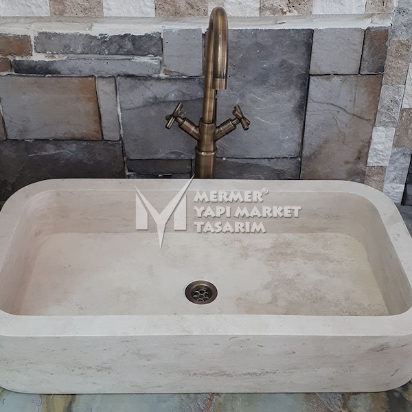 Travertine Thick Edge Long Rectangular Sink - Handcrafted, 100% Natural Stone, Washbasin