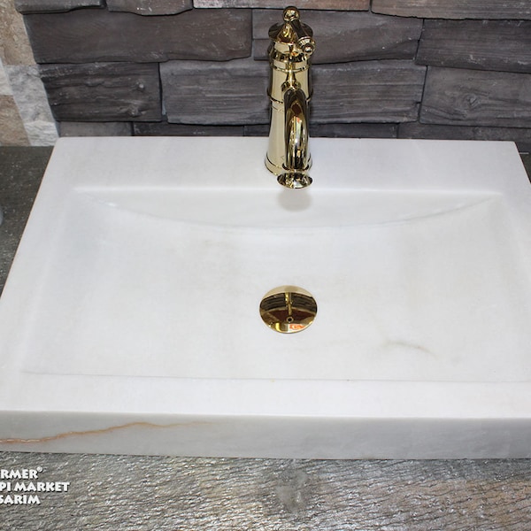 Afyon White Marble Rectangular Sink - With Faucet Hole - Handcrafted, 100% Natural Stone, Washbasin
