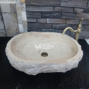 Travertine Split Face Boat Sink - Handcrafted, 100% Natural Stone, Washbasin