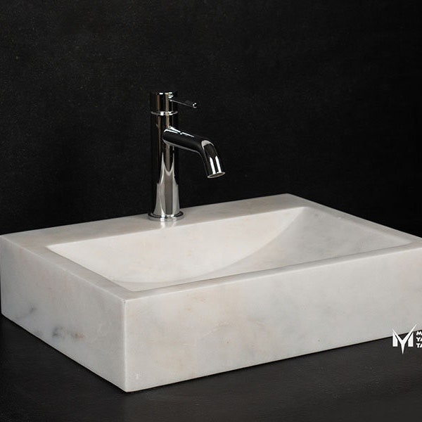 White Marble Square Sink - With Faucet Outlet - Handcrafted, 100% Natural Stone, Washbasin