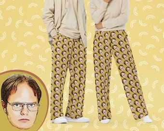 Dwight Head Unisex Wide Leg Pants Mosterdgeel, The Office Funny Pyjama's, Palazzo Pants, Mid Rise High Waisted, Y2K Baggy Hippie Pants