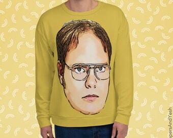Uniseks sweatshirt met kantoorpersonage all-over print | Op tv-show geïnspireerde grafische trui met ronde hals | Karakter kiezen: