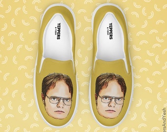 Dwight Schrute Mustard Unisex Slip On Sneakers, The Office Vans Style Footwear, Custom Canvas Tennis Shoes