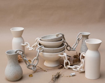 White Ceramic Vase and Bowl Set: Handmade Stoneware with Chain