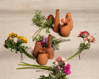 Terracotta Triple Vase. Scupltural ceramic flower vase.