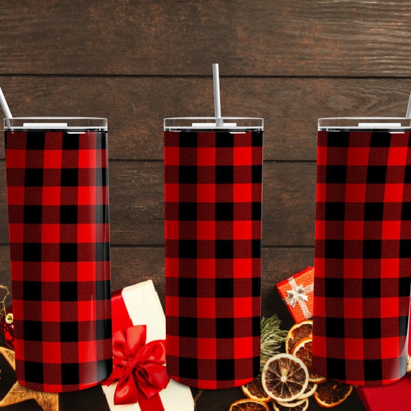 20oz Black and Red Buffalo Medium Plaid Tumbler Wrap - Seamless digital download