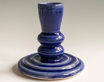 Dark blue ceramic candlestick holder, handmade candle holder