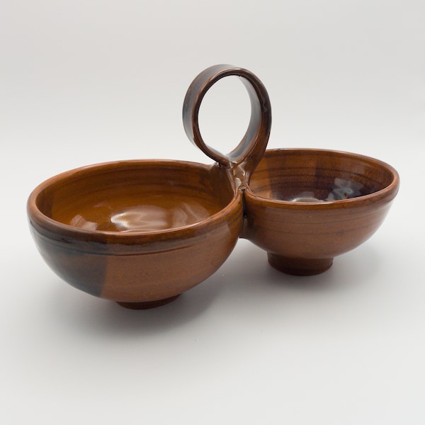 Ceramic double bowl, handmade connected serving chips and dip bowl