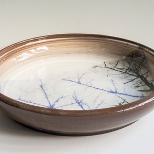 Deep ceramic dinner plate with winter branches, handmade potter platter