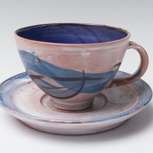 Blue cup and saucer set, handmade ceramic tea or coffee cup