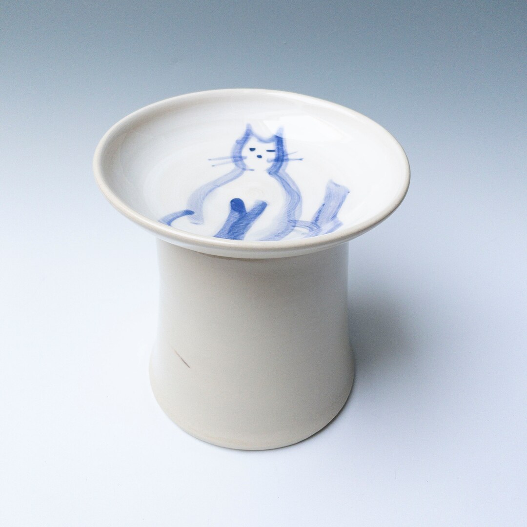 Extra Tall Raised Cat Feeder With Blue Cat, Elevated Ceramic Cat Bowl