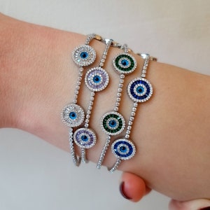 Pulsera de tenis con tres ojos malvados y piedra baguette de colores - Pulsera de plata con ojo malvado - Pulsera de tenis con tres ojos malvados y piedra baguette de colores - Regalo para mujer