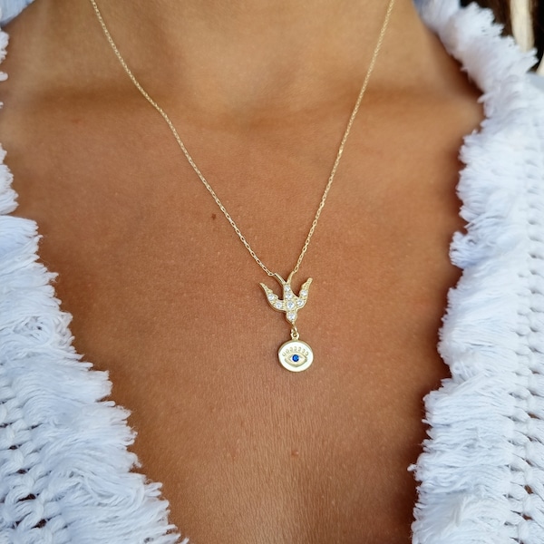 Sterling Silver Swallow Necklace-Dainty Bird Necklace- Handmade Swallow Necklace with Evil Eye-Gift for Her