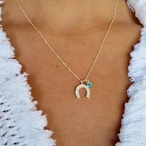 Silver Horseshoe Necklace with Evil Eye-Good Lucky Necklace-Stacking Necklace-Minimalist Horseshoe Necklace-Gift For Christmas