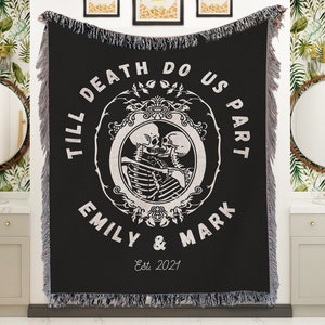 Custom gift for couple woven throw blanket wall tapestry Halloween wedding gift skeleton couple custom wedding gift till death do us part