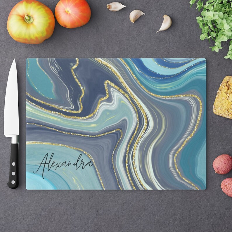 Personalized Glass Cutting Board Glass chopping board Abstract Golden Marble Glass Cutting board Kitchen Decor