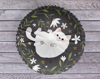 Cute cat floor seating botanical floral wreath tufted floor pillow round meditation zafu zen cushion meditation gift for cat lovers