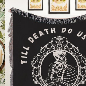 Till death do us part custom woven blankets Halloween wedding gift for couple boho gothic occult decor spooky lovers gift wall tapestry image 3