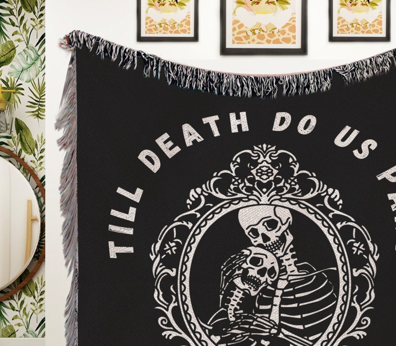 Till death do us part custom woven blankets Halloween wedding gift for couple boho gothic occult decor spooky lovers gift wall tapestry image 3