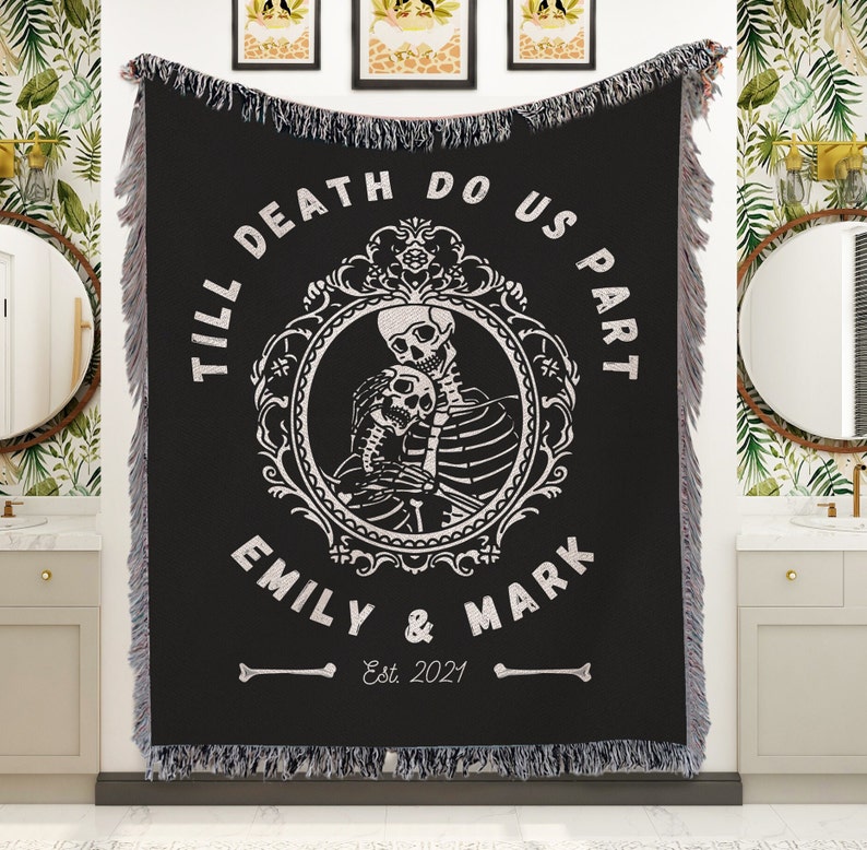 Till death do us part custom woven blankets Halloween wedding gift for couple boho gothic occult decor spooky lovers gift wall tapestry image 1