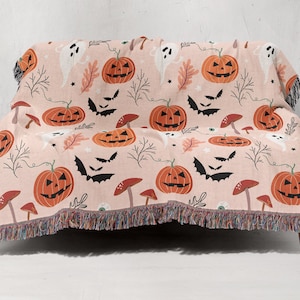Pumpkin ghost woven blanket tapestry Halloween indoor decoration spooky home décor woven cotton couch throw fall Thanksgiving sofa décor