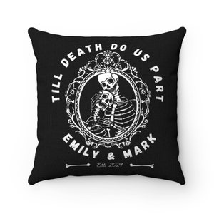 Halloween wedding gift for newlyweds, Halloween anniversary gift for couple, skeleton couple, till death do us part, customized pillow 14x14