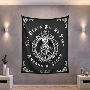 Custom wall tapestry Till Death Do Us Part personalized wedding backdrop Halloween wedding decor above the bed master bedroom wall decor