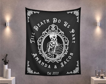 Custom wall tapestry Till Death Do Us Part personalized wedding backdrop Halloween wedding decor above the bed master bedroom wall decor