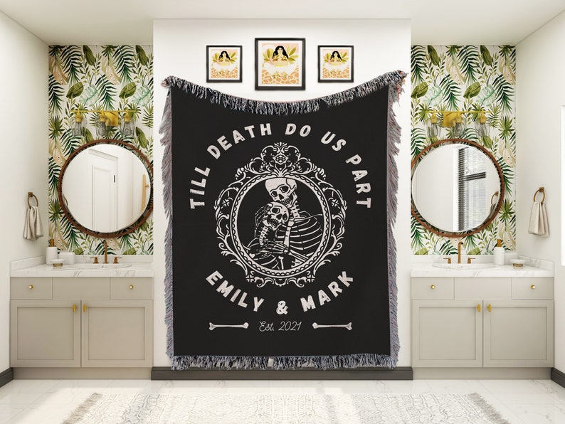 Till death do us part custom woven blankets Halloween wedding gift for couple boho gothic occult decor spooky lovers gift wall tapestry image 2