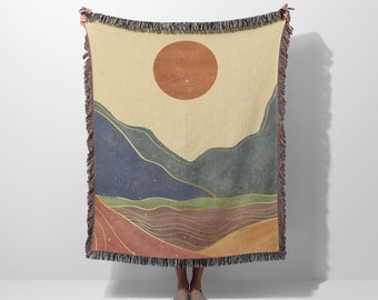 Mediados de siglo moderno manta tejida estética tapiz de algodón sofá tirar abstracto atardecer montaña paisaje tierra tonos naranja quemado
