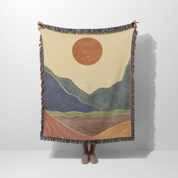 Mid century modern woven blanket aesthetic wall tapestry cotton couch throw abstract sunset mountain landscape earth tones burnt orange