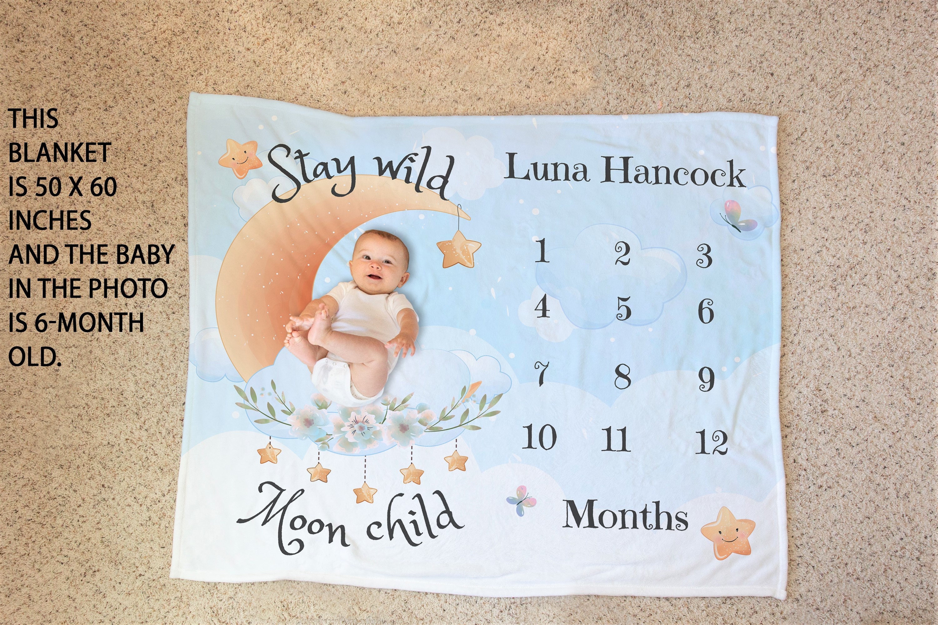 Baby Milestone Month Blanket Stay Wild Moon Child Moon and Stars Milestone Blanket Boy Newborn Custom Name Blanket New Mom Baby Shower Gift Etsy Canada
