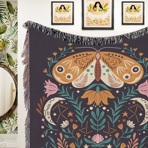 Moth and moon woven throw blankets luna moth dead moth floral moth woven wall tapestry aesthetic music festival boho hippie accent blanket
