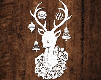 Reno navideño SVG: Ciervo con adornos (descarga digital)