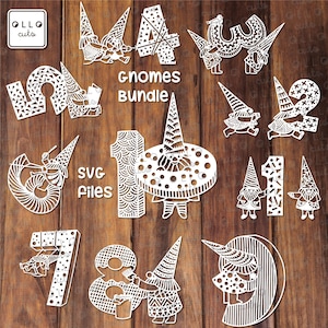 Paquete de gnomos con archivos SVG de los números del 1 al 10. Diseño de gnomo para cumpleaños infantil. Colección de vectores de enanos adorables y divertidos.