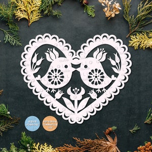 Folk art svg, plik do cięcia, kwiatowy wektor serca, plik do cięcia miłości, ptaki miłości png, plik Cricut, plik do cięcia papieru, para ptaków, król i królowa svg