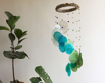 Handweaved Windchime, 15 x 4 inches, Windchimes for outdoors , capiz shell wind chime for patio balcony decor, Boho dreamcatcher