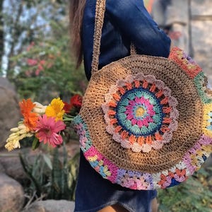 Crochet Raffia Tote Beach Bag | Boho Woven Summer Shoulder Bag | Handmade Floral Granny Square HandBag | Handcrafted Bag Gift For Her