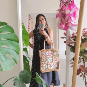 Crochet Raffia Tote Beach Bag | Boho Woven Summer Shoulder Bag | Handmade Floral Granny Square HandBag | Handcrafted Bag Gift For Her