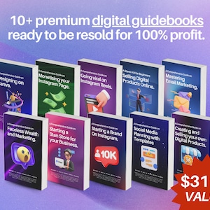 May include: A collection of 10 digital guidebooks with colourful covers featuring illustrations and text. The guidebooks cover topics such as designing on Canva, monetising an Instagram page, going viral on Instagram Reels, selling digital products online, mastering email marketing, faceless wealth and marketing, starting a Stan store for your business, starting a brand on Instagram, social media planning with templates, and creating and selling your own digital products. The total value of the guidebooks is &pound;3110.