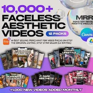 May include: A digital product listing for 10,000+ faceless aesthetic videos in 12 packs. The image shows a collage of video thumbnails with different themes, including summer vacation, dark aesthetic, pink aesthetic, and luxury lifestyle. The text "MRR Master Resell Rights Included" is also visible.