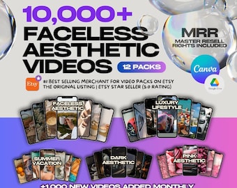May include: A digital product listing for 10,000+ faceless aesthetic videos in 12 packs. The image shows a collage of video thumbnails with different themes, including summer vacation, dark aesthetic, pink aesthetic, and luxury lifestyle. The text "MRR Master Resell Rights Included" is also visible.