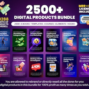 Puede incluir: Un paquete de productos digitales con más de 2.500 libros electrónicos, plantillas, cursos, elementos y ganchos. El paquete abarca una variedad de temas, como la creación de un negocio, el marketing en redes sociales y el marketing por correo electrónico. El paquete tiene un valor de $ 3.288 e incluye licencias MRR y PLR.