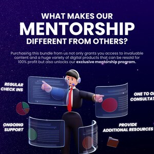 May include: Illustration of a cartoon businessman presenting a mentorship programme with benefits including regular check-ins, ongoing support, one-to-one consultations, and additional resources.