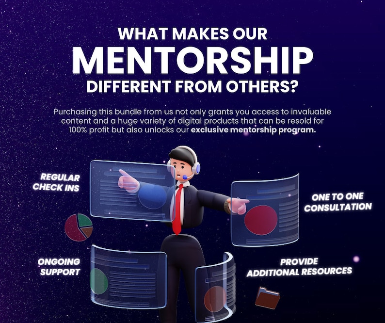 May include: Illustration of a cartoon businessman presenting a mentorship programme with benefits including regular check-ins, ongoing support, one-to-one consultations, and additional resources.