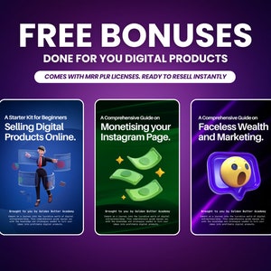 May include: Three digital product mockups with a purple background. The first mockup is blue and features a cartoon character selling digital products online. The second mockup is green and features a cartoon image of money with the text "Monetising your Instagram Page." The third mockup is black and features a cartoon emoji with the text "Faceless Wealth and Marketing."